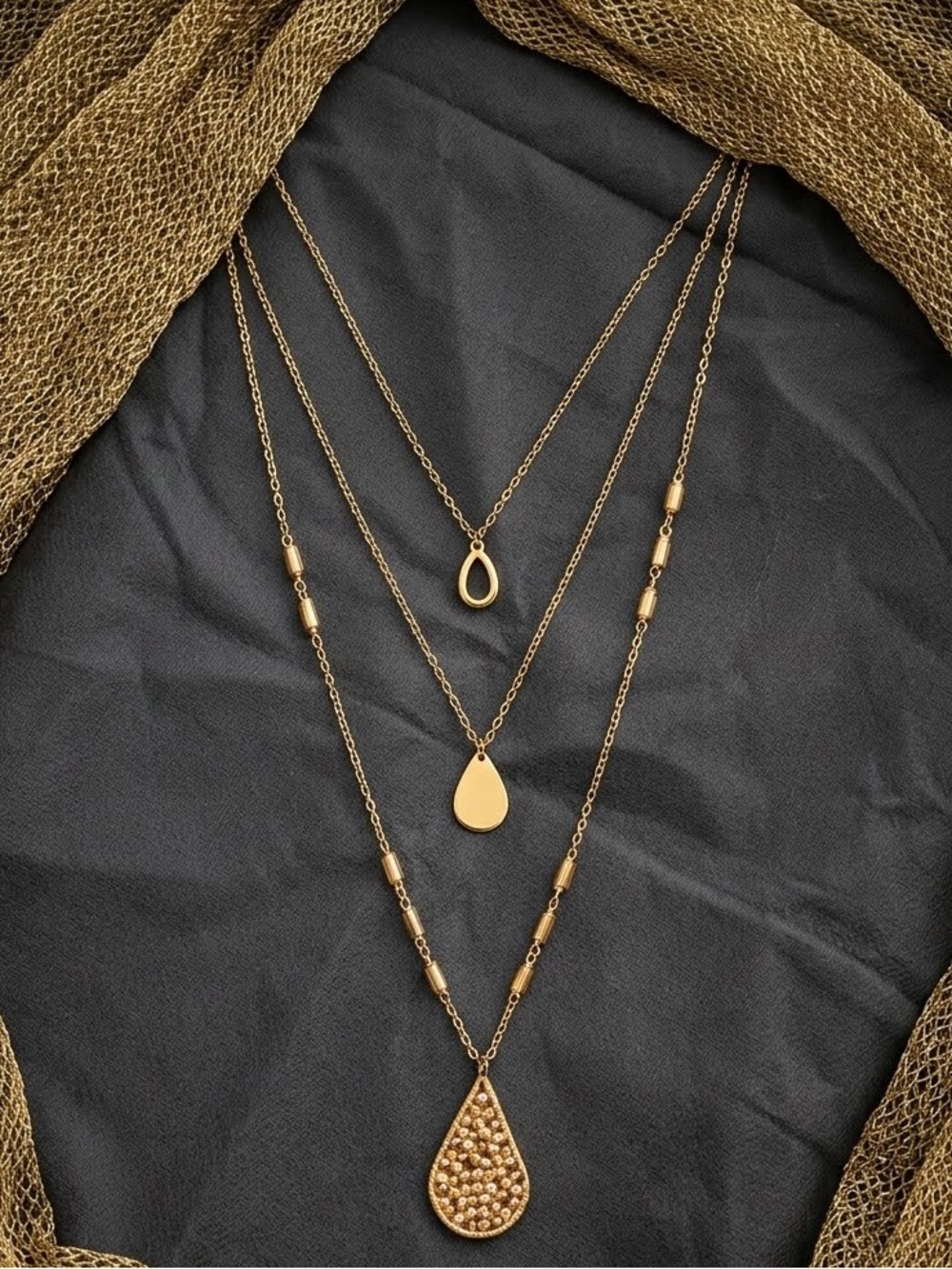 Gold Layered Crystal Teardrop Pendant Necklace NEW Long Length